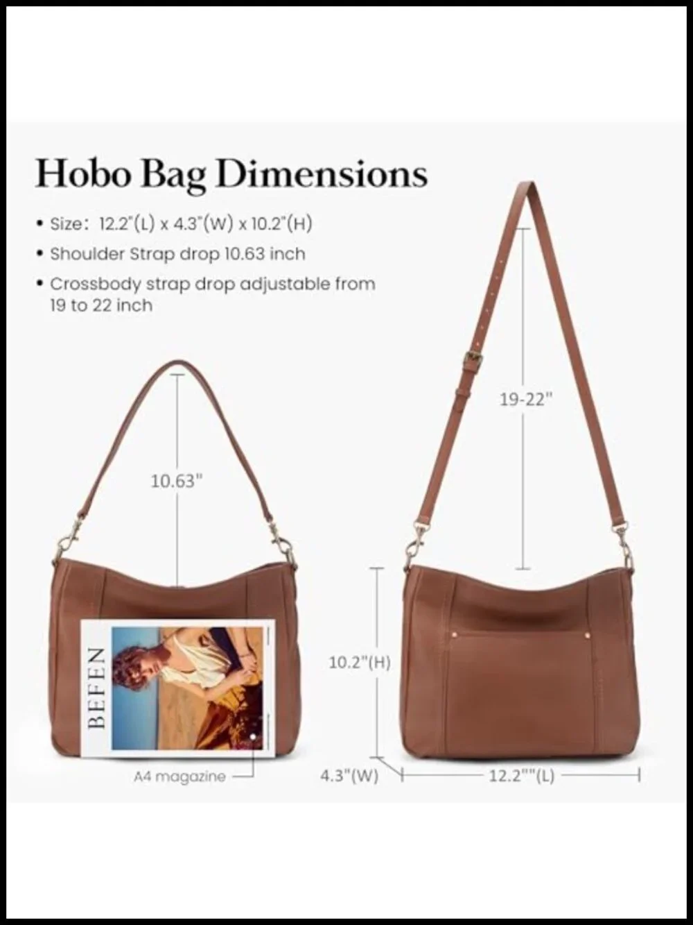 Genuine Leather Hobo Crossbody Bag with 2 Straps